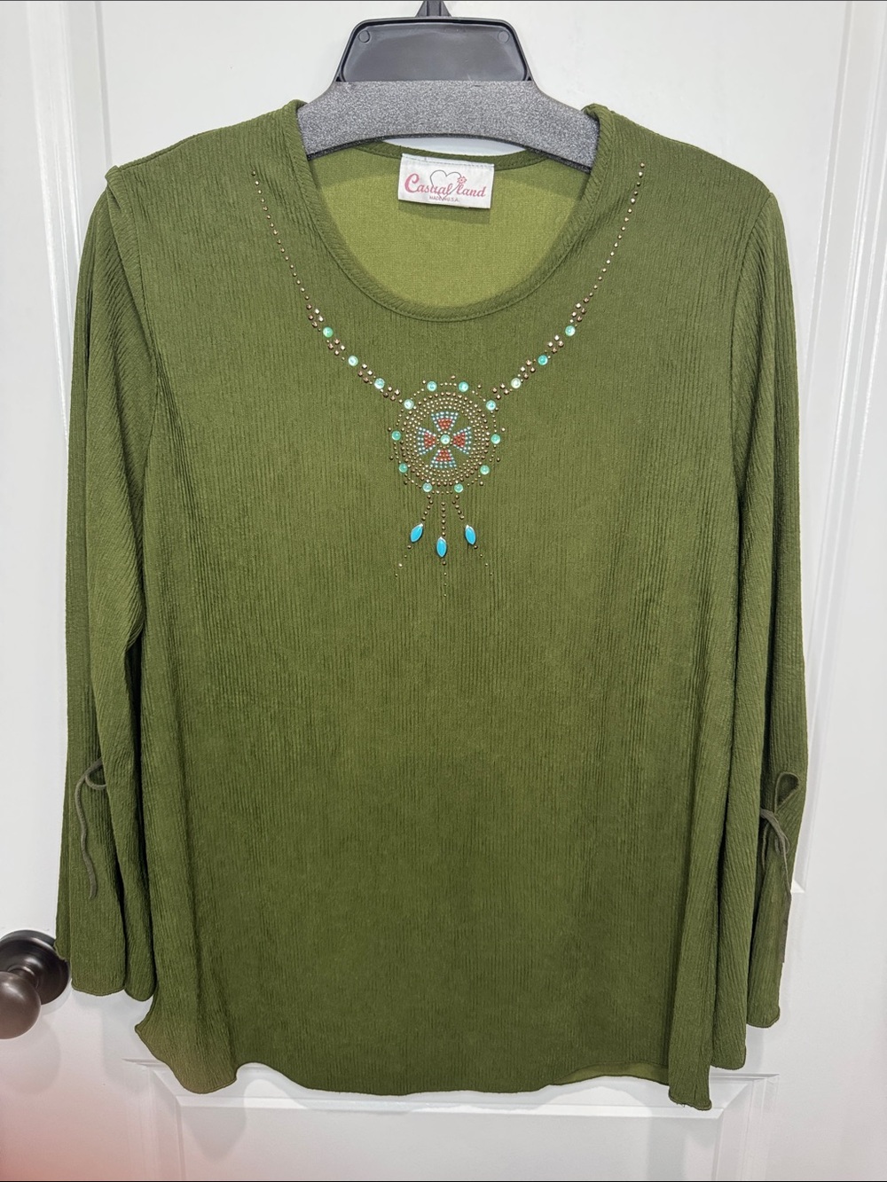 Casual Land Olive Green Embellished Long-Sleeve Blouse